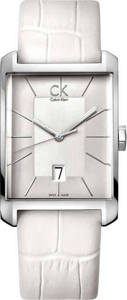 Calvin Klein Window women's watch with white dial and white leather strap worn on wrist