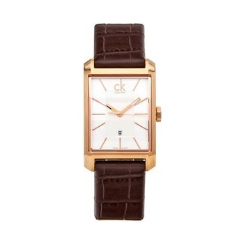 Calvin Klein K2M23620 rectangular watch with white dial, rose gold case, brown leather strap
