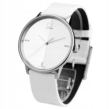 Calvin Klein women's quartz watch side angle showing stainless steel case and strap