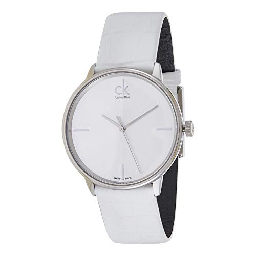 Calvin Klein women's watch angled view showing white strap and silver case