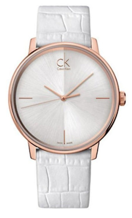 Calvin Klein women's quartz watch with rose gold case, white dial, and white leather strap