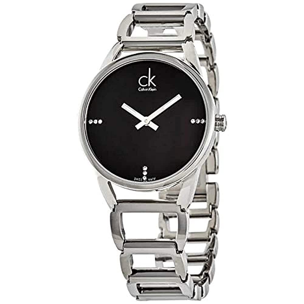 Calvin Klein women's stainless steel watch at angle showing case and strap