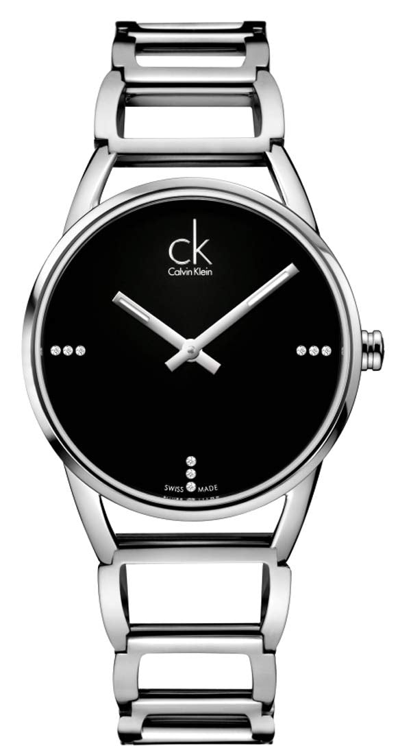 Calvin Klein women's quartz watch with black dial and stainless steel strap, front view