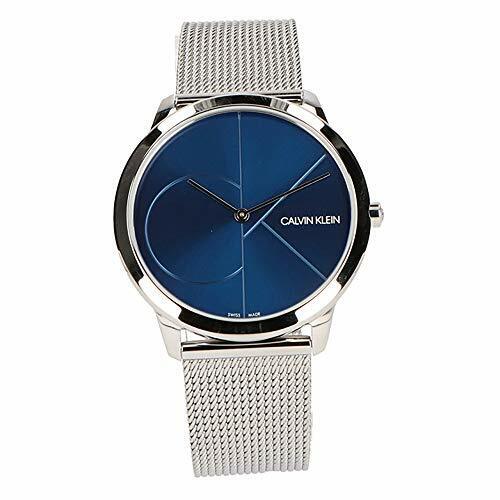 Front view of Calvin Klein Minimal 40mm watch with blue dial and silver mesh