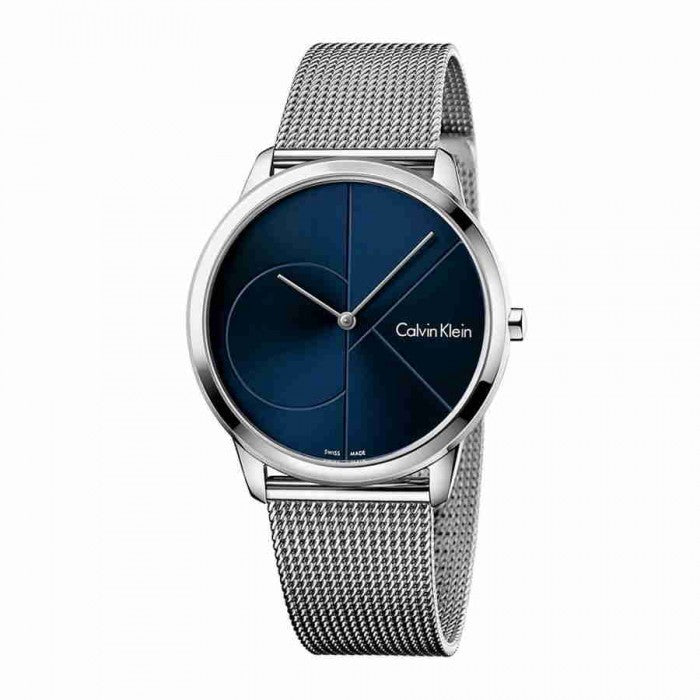 Calvin Klein Minimal watch face with geometric blue dial and silver case
