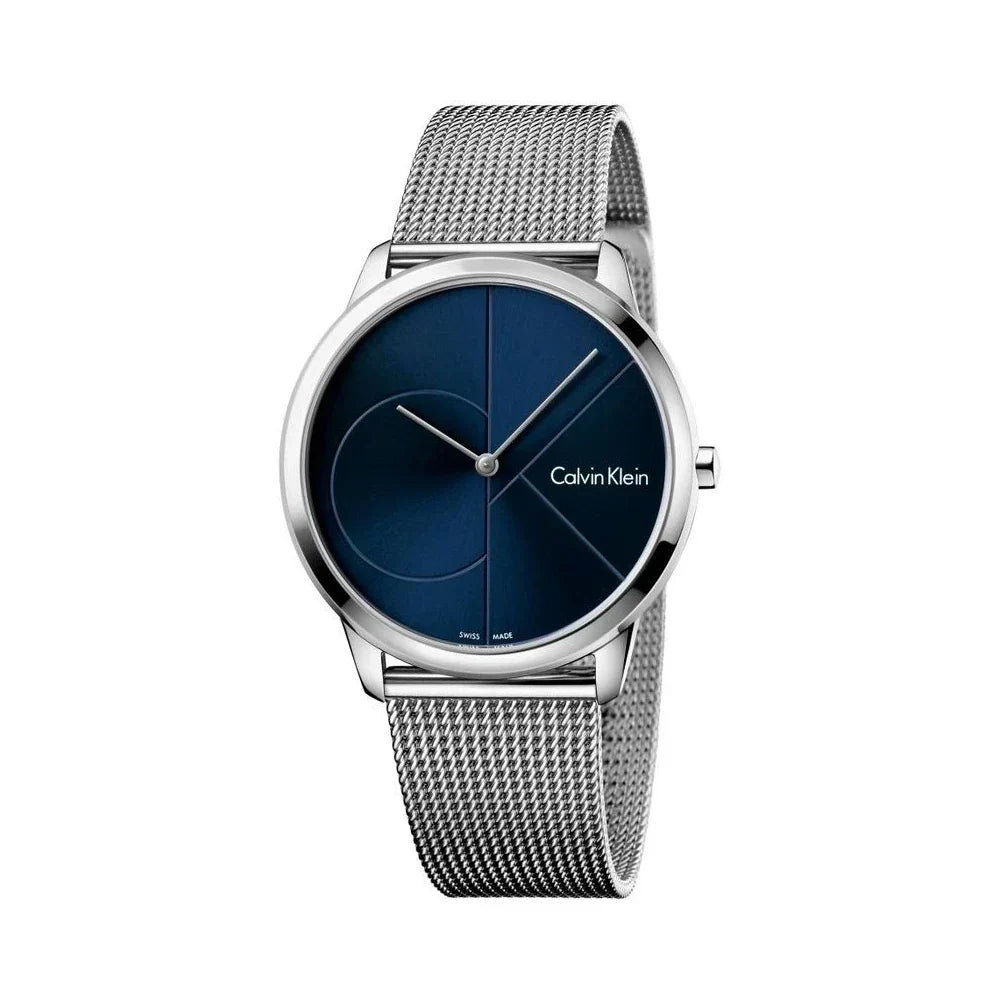 Calvin Klein Minimal watch K3M2112N on wrist with silver mesh strap