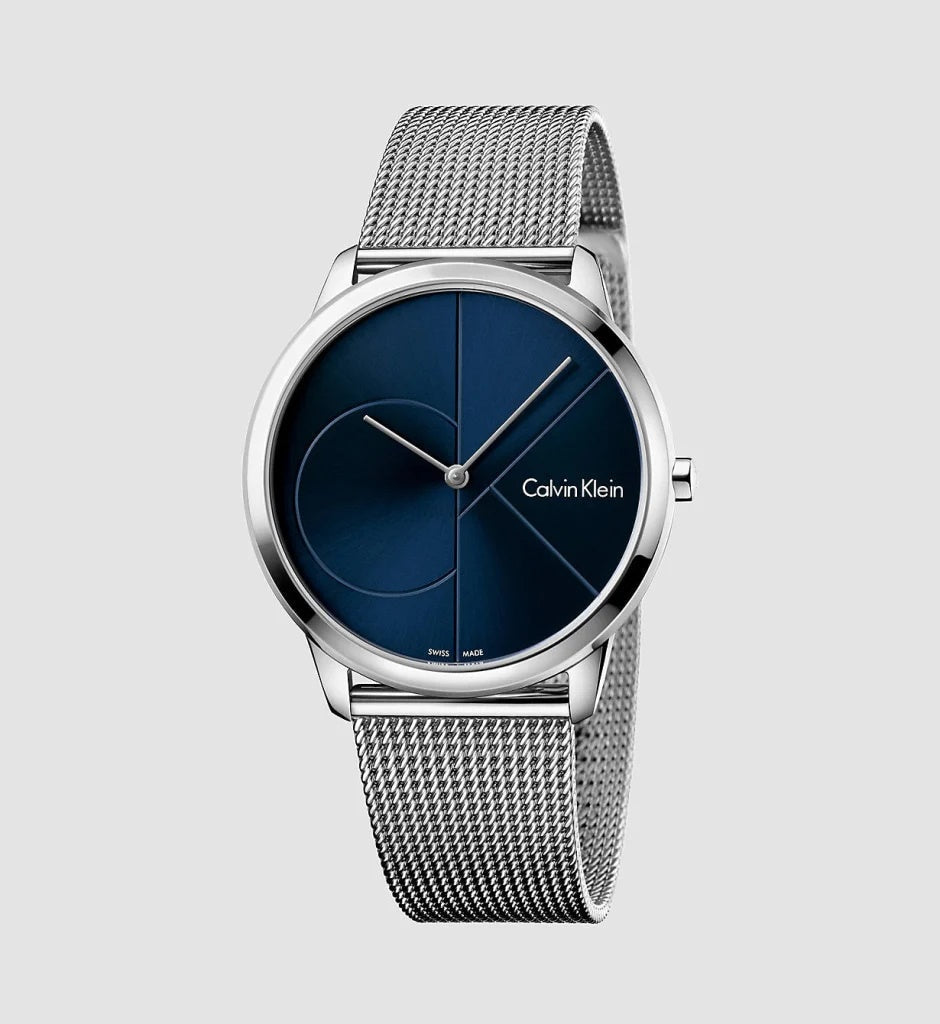 Side view of Calvin Klein Minimal watch with silver mesh bracelet and case