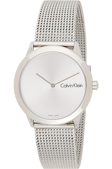 Calvin Klein Minimal men's watch with white dial and silver mesh band