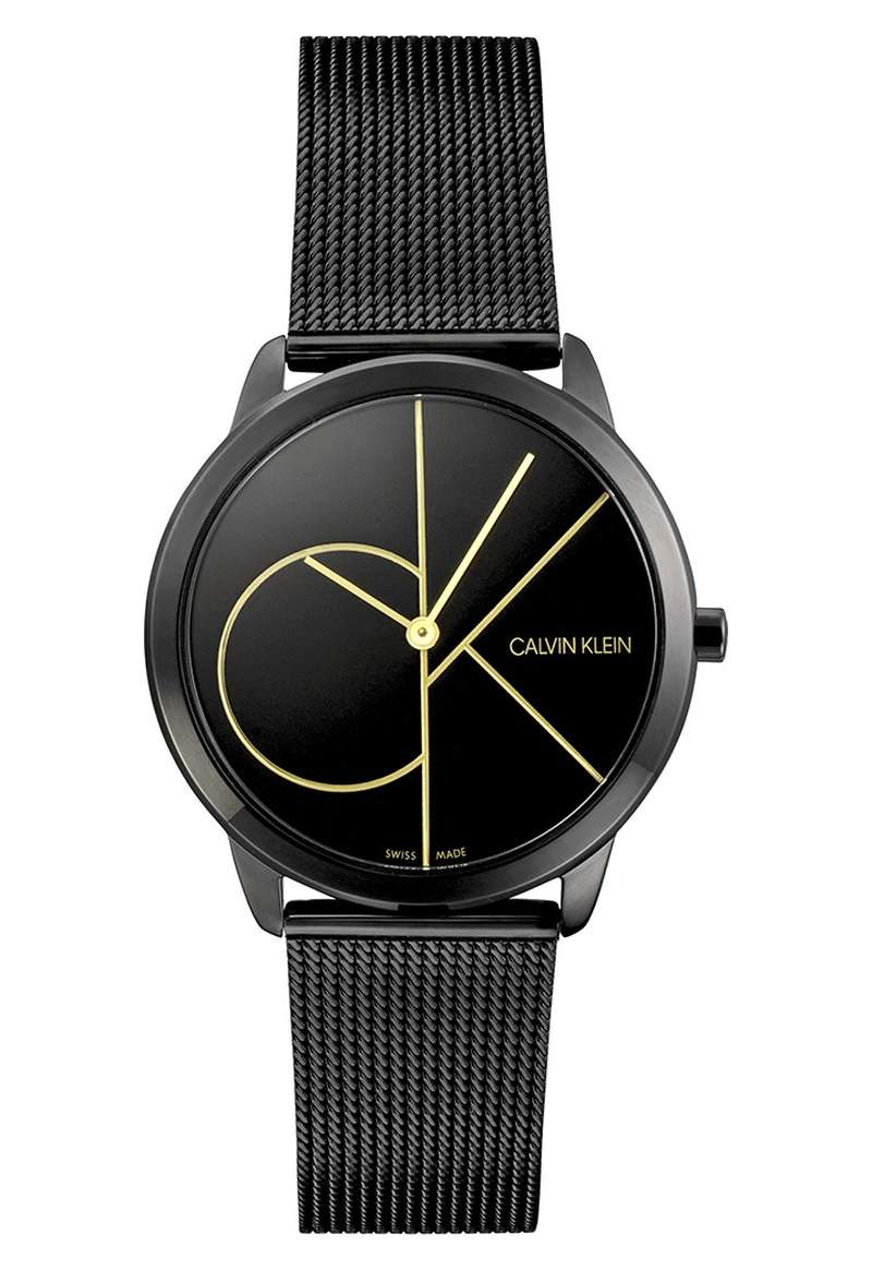 Side angle view of Calvin Klein Minimal watch showing black steel mesh band and geometric dial