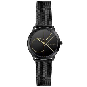 Compact view of Calvin Klein Minimal quartz watch with black case and steel mesh bracelet