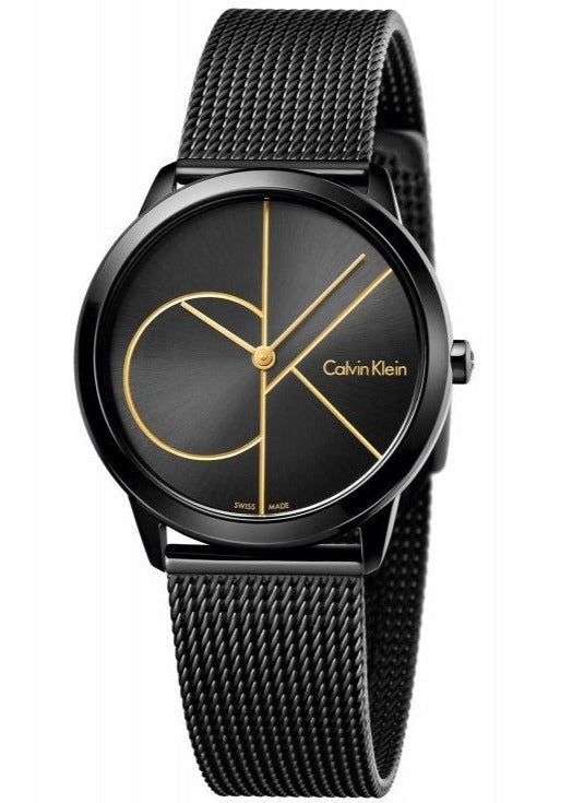 Calvin Klein Minimal 40mm black dial watch with gold geometric design and black steel mesh bracelet