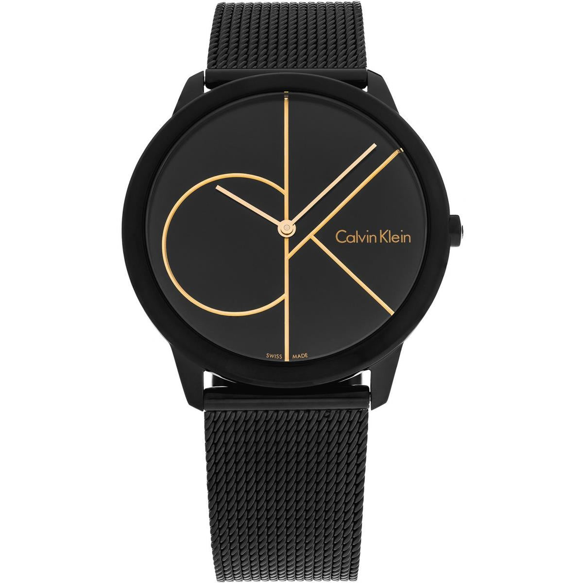 Calvin Klein Minimal 40mm watch worn on wrist with black mesh strap and geometric face