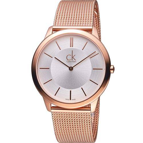 Calvin Klein K3M21626 rose gold watch face with silver dial and rose gold indices