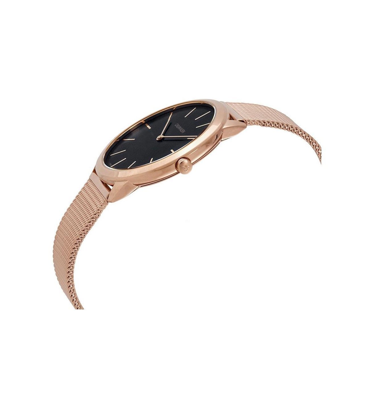 Side angle view of Calvin Klein Minimal men's watch in rose gold with mesh bracelet