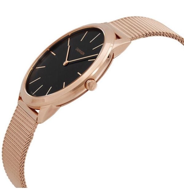Calvin Klein Minimal 40mm watch shown at angle with rose gold case and mesh bracelet