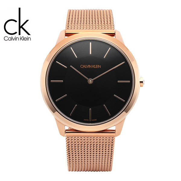 Calvin Klein Minimal men's quartz watch in rose gold with black dial and minimalist design