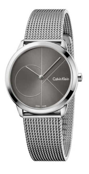 Calvin Klein K3M22123 women's watch with black dial, silver case, and silver mesh bracelet