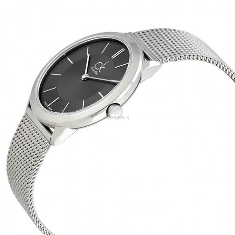 Calvin Klein Minimal K3M22124 watch angled view showing grey dial and silver mesh bracelet