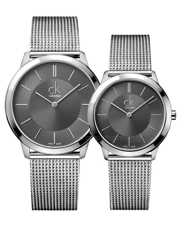 Calvin Klein Minimal watches K3M21124 and K3M22124 comparison showing two sizes with grey dials