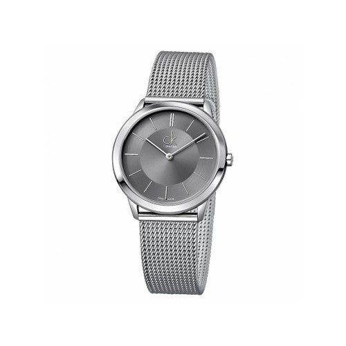 Calvin Klein Minimal K3M22124 35mm watch with grey dial and silver mesh bracelet