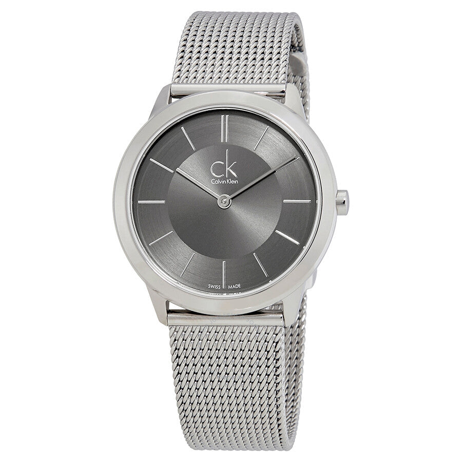 Calvin Klein Minimal watch K3M22124 with dark grey dial and steel mesh bracelet, front view