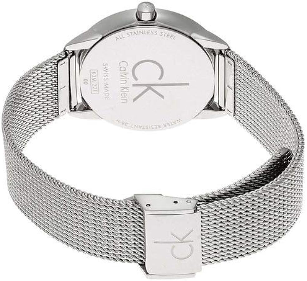 Back view of Calvin Klein Minimal watch showing stainless steel case back and mesh strap