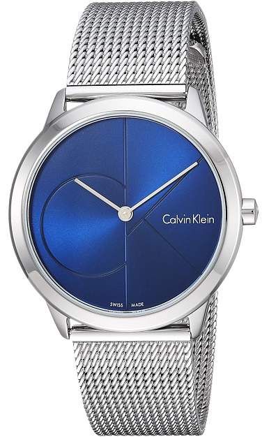 Calvin Klein Minimal watch with blue dial and silver mesh bracelet, front view
