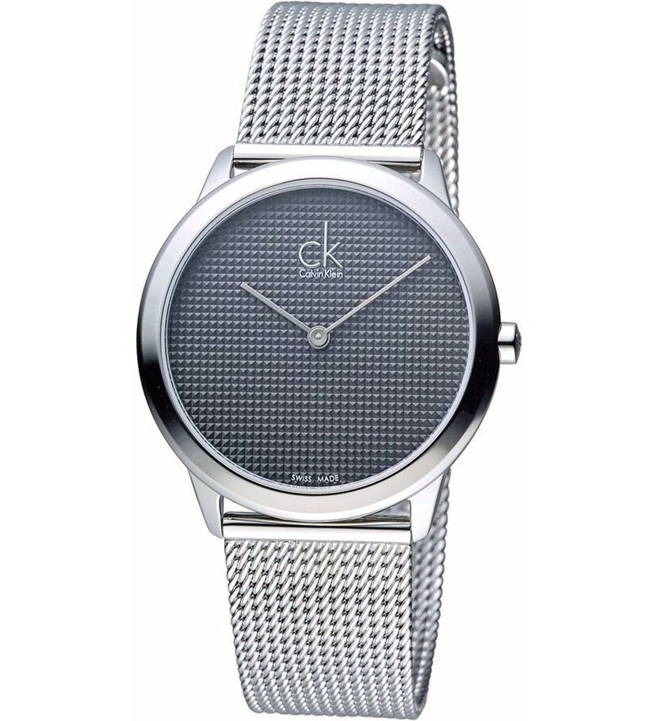 Calvin Klein K3M2212X minimal ladies watch angled view with silver mesh strap