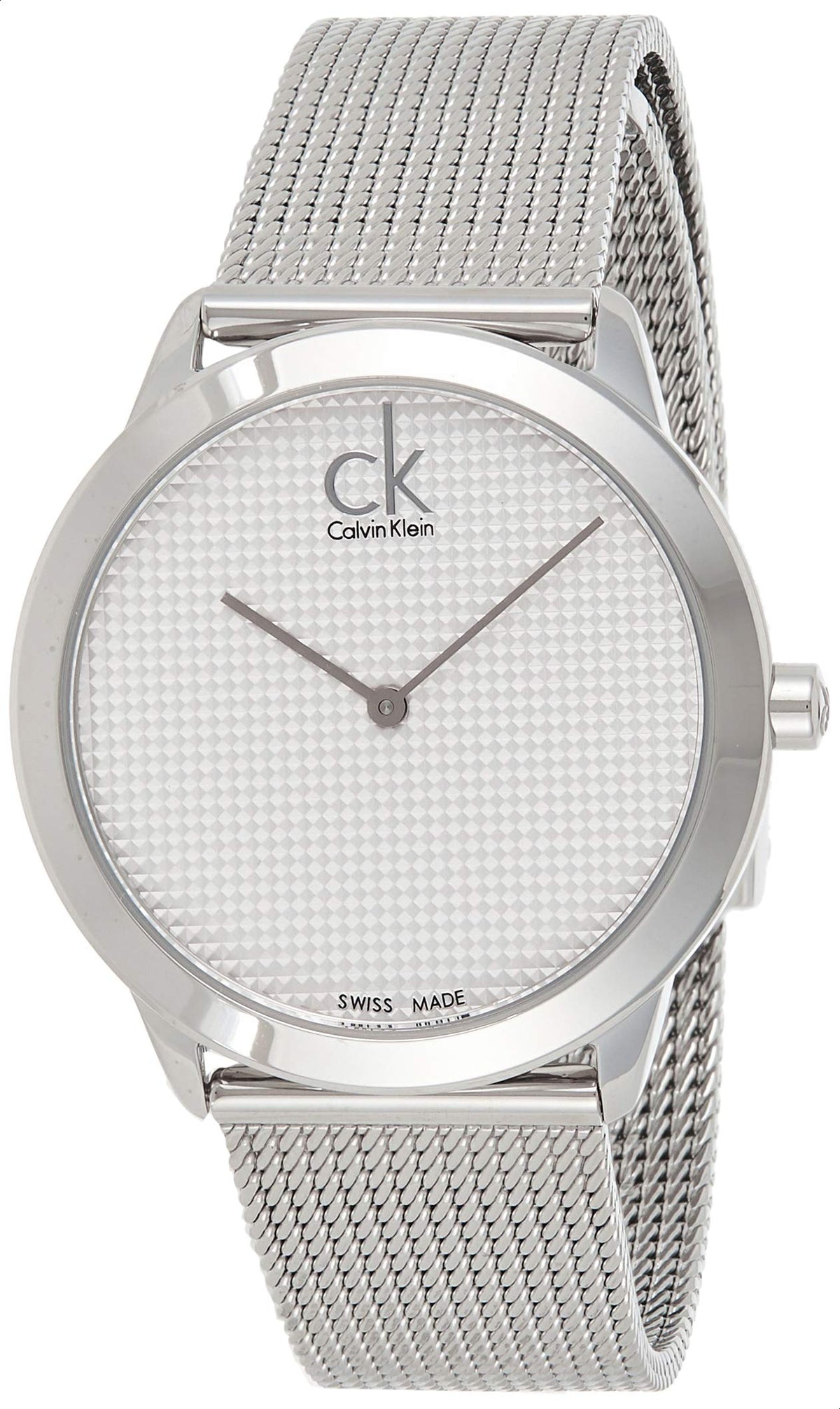 Angled view of Calvin Klein minimal watch showing silver mesh bracelet and round case