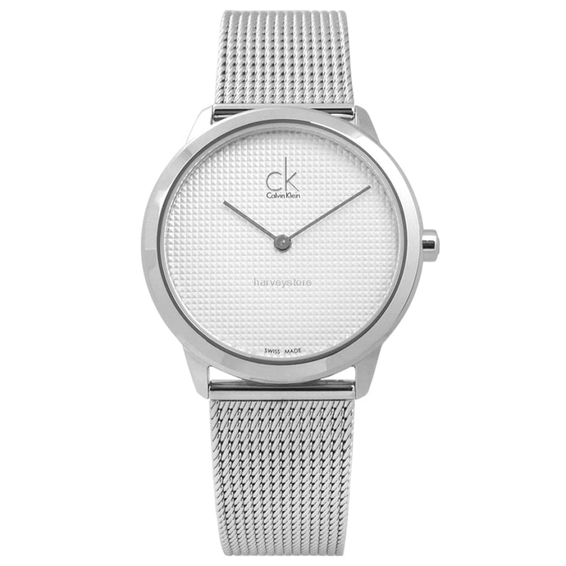 Front view of Calvin Klein K3M2212Y with white textured dial and silver mesh band