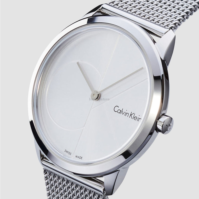Calvin Klein K3M2212Z minimal watch worn on wrist with mesh strap