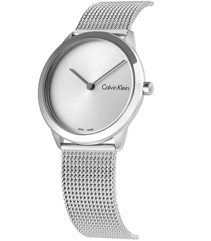 Calvin Klein K3M221Y6 watch angled view showing dial and mesh steel bracelet