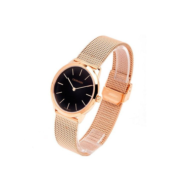 Calvin Klein K3M2262Y watch shown at angle with rose gold mesh band and black dial