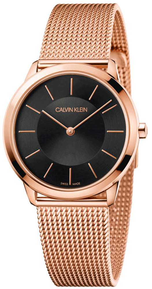 Calvin Klein Minimal watch with black sunburst dial and rose gold-tone case and bracelet