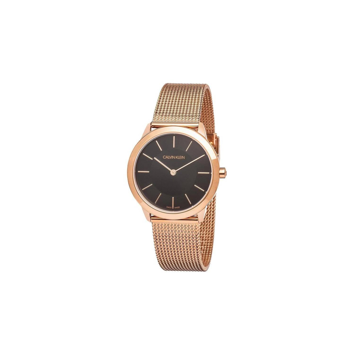 Calvin Klein Minimal watch K3M2262Y worn on wrist, showing rose gold case and mesh strap