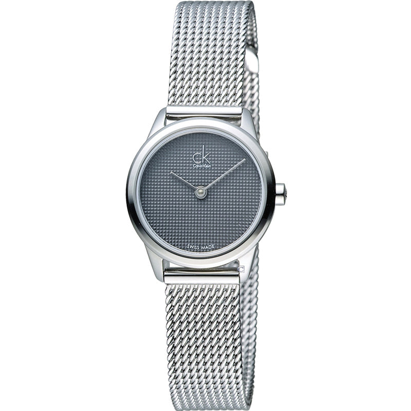 Front view of Calvin Klein K3M2312X with grey textured dial and silver stainless steel case