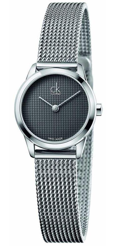 Calvin Klein K3M2312X women's watch with grey dial and silver mesh bracelet on wrist
