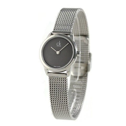Side view of Calvin Klein K3M2312X watch showing silver mesh bracelet and case profile