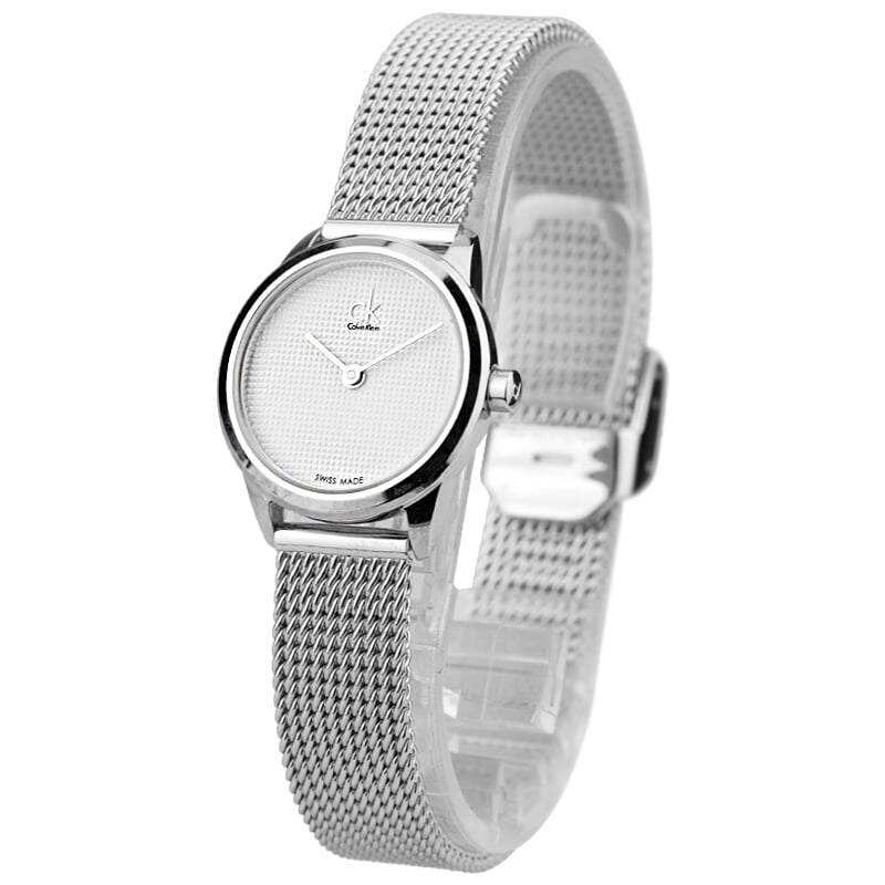 Angled view of Calvin Klein K3M2312Y women's watch with white dial and silver mesh band