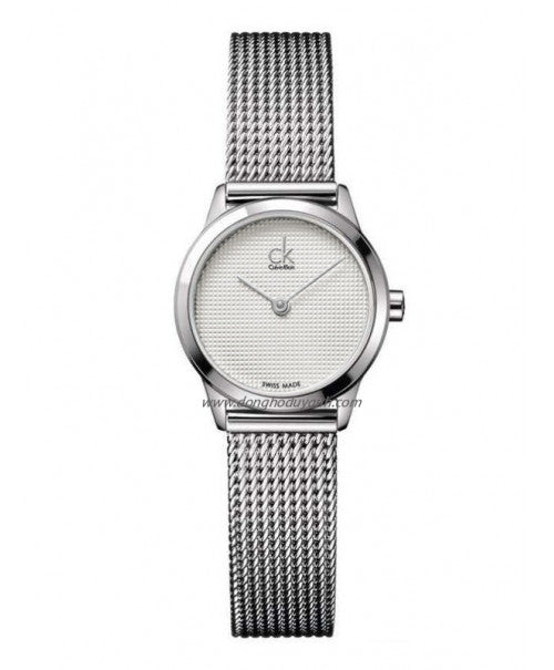 Front view of Calvin Klein Minimal watch with white textured dial and silver mesh strap