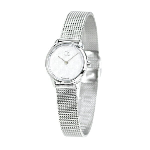Calvin Klein K3M2312Y minimal watch on wrist showing white dial and mesh bracelet