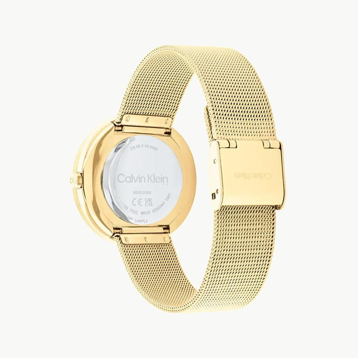 Gold mesh bracelet and case back of Calvin Klein women's watch