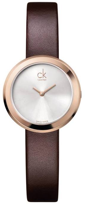 Side profile of Calvin Klein K3m236g6 with rose gold case and dark leather band
