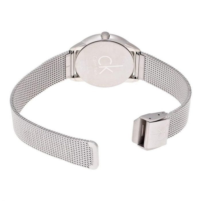 Calvin Klein K3M52151 caseback showing mesh strap and fold-over clasp