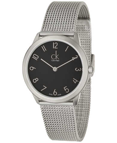 Calvin Klein K3M52151 watch front view with black dial and silver mesh band