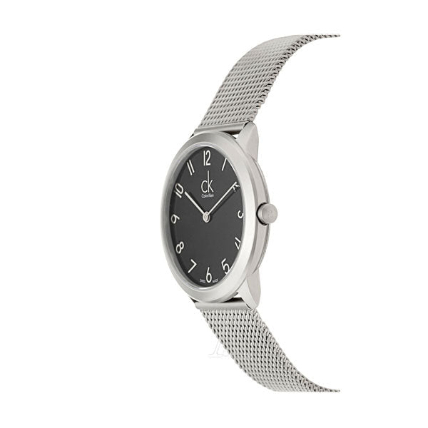 Calvin Klein K3M52151 watch displayed at angle with silver mesh strap
