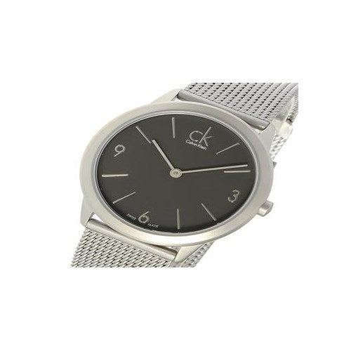 Calvin Klein Minimal watch K3M52154 at angle showing silver mesh bracelet and grey dial