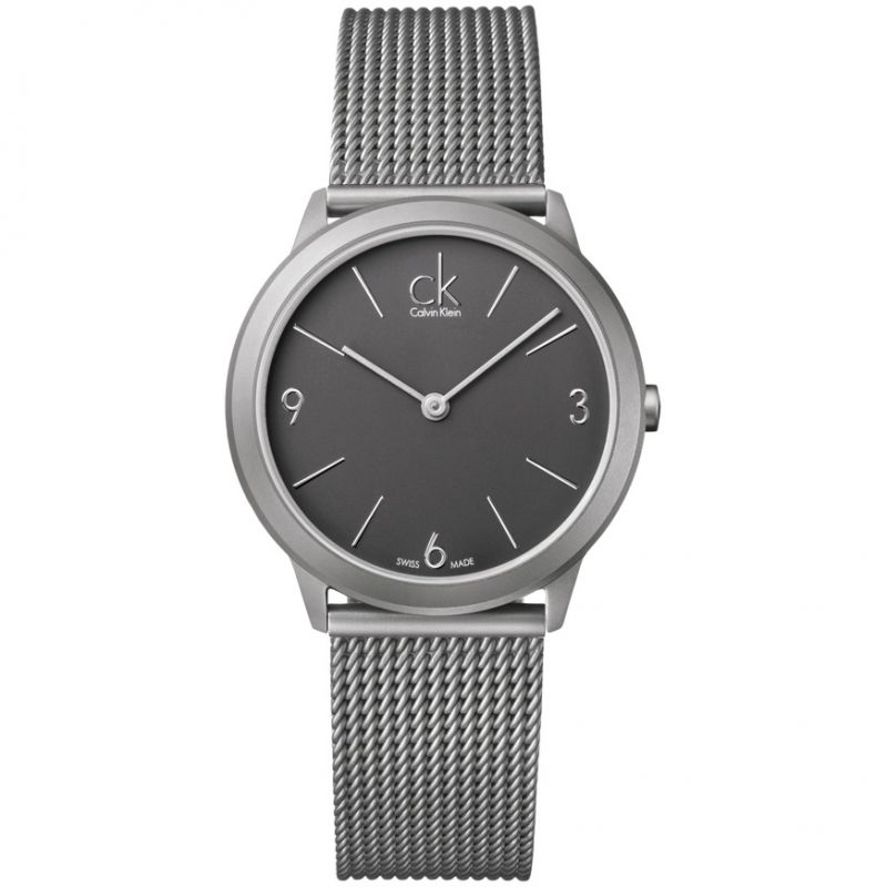 Calvin Klein K3M52154 grey dial watch with silver mesh band, front facing
