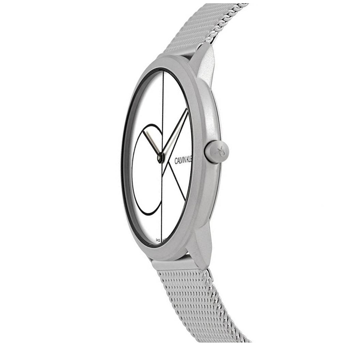 Side profile view of Calvin Klein K3M5215X watch with silver mesh bracelet