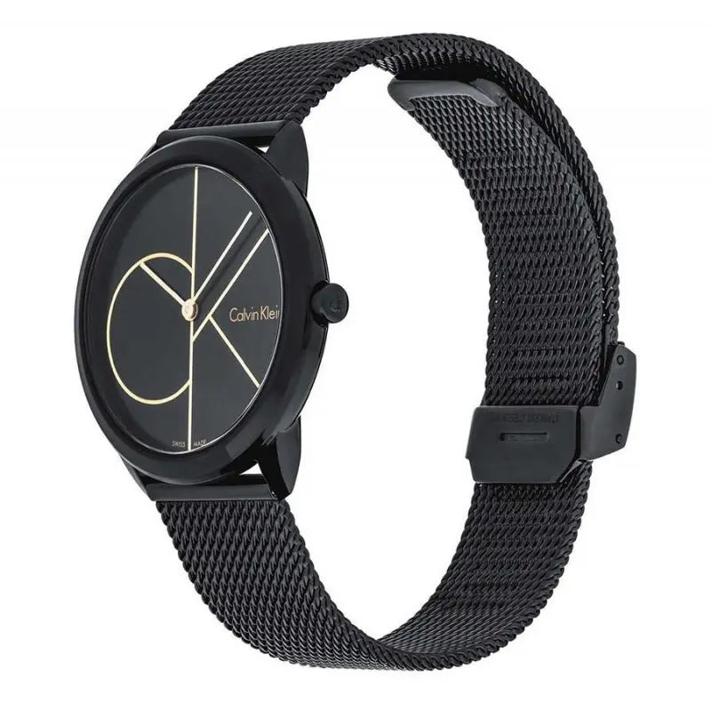 Calvin Klein K3M524B1 black watch worn on wrist with mesh bracelet